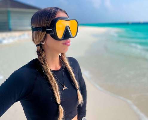 Woman on Beach Snorkel Mask Ocean Dimensions